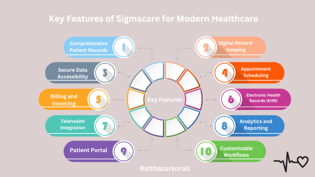 Features of sigmacare explained in a steps icon with light purple background 