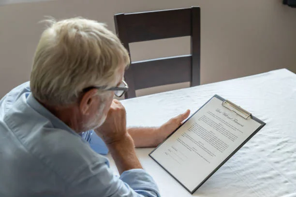 Senior old man elderly examining and checking last will and testament